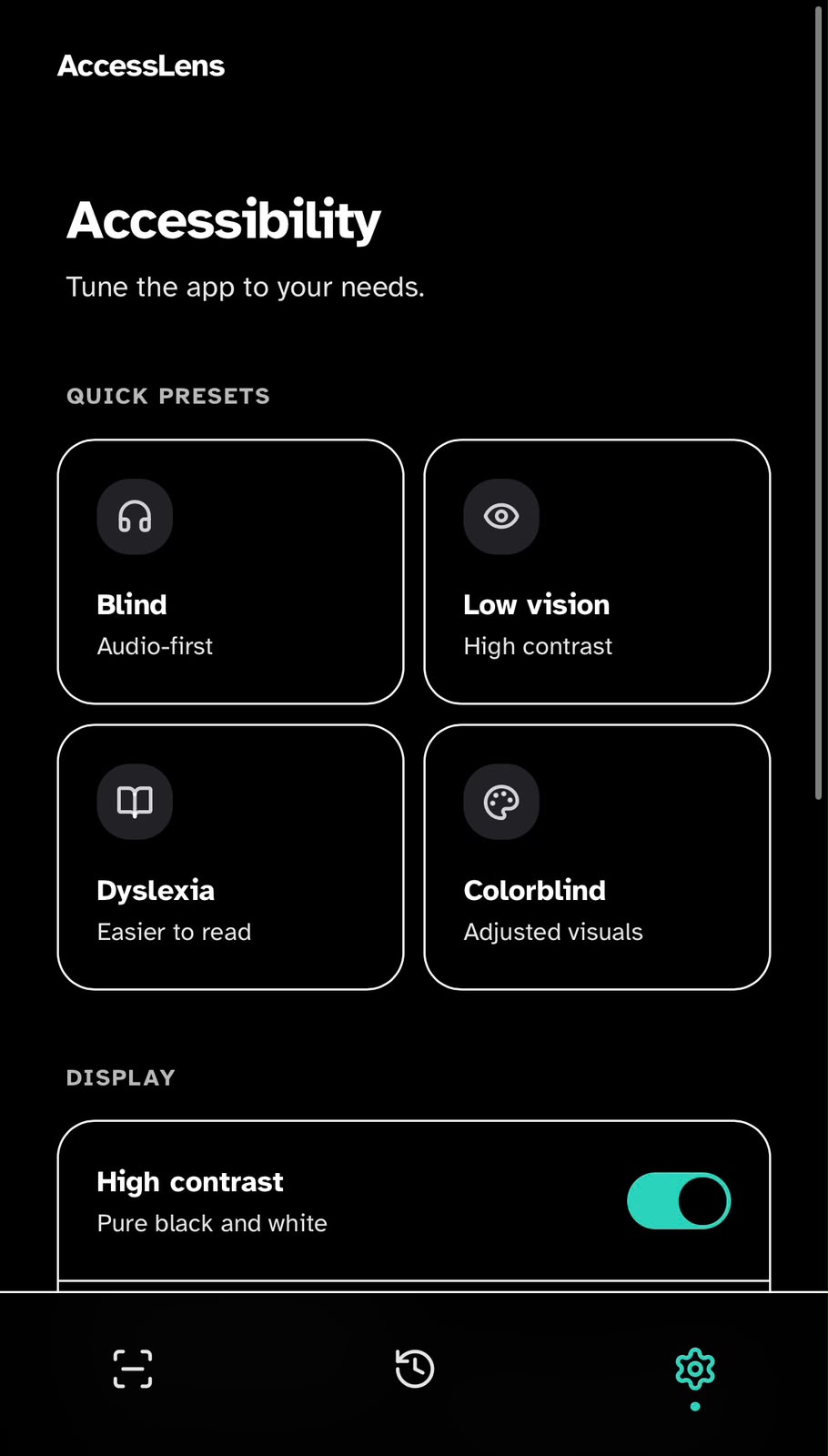 AccessLens accessibility presets screen with Blind, Low vision, Dyslexia and Colorblind quick-preset cards.